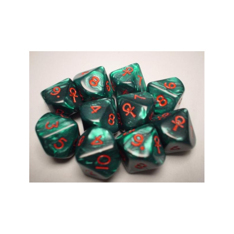 Chessex Set de dados especiales - Ankh d10 Set (verde mármol con números rojos, set de 10 dados)